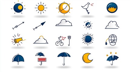 Poster - Editable weather icon set in flat with outline stroke  This collection of 64x64 pixel perfect weather symbols includes sun cloud rain snow wind