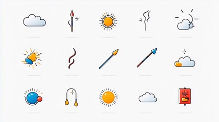 Poster - Set of Simple Weather Icons Featuring Symbols of Wind Snow Sun and Clouds in Editable Stroke Outline Style  Flat Graphic Collection Isolated on White Background 64 x 64 Pixels