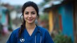 © horizon - Healthcare worker in blue scrubs photographed in rural village setting, featuring colorful houses in background, natural lighting, and documentary-style medical portrayal.