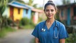 © horizon - Healthcare worker in blue scrubs photographed in rural village setting, featuring colorful houses in background, natural lighting, and documentary-style medical portrayal.
