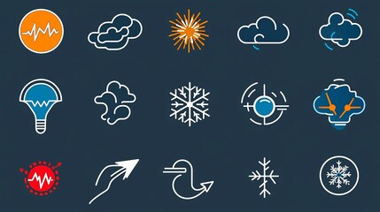 Poster - Set of editable meteorology icons including thunderstorm snowflake sunshine and temperature symbols in a flat 64x64 pixel perfect outline design  These icons can be used for weather forecast