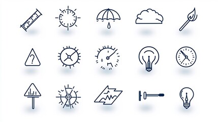 Poster - Set of Minimalist Meteorology Icons in Editable Outline Style Including Rain Temperature and Barometer Symbols for Weather Forecast Visualization and Digital Interface Design