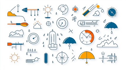 Poster - Set of Minimalist Meteorology Icons in Editable Outline Style Depicting Weather Symbols Like Rain Temperature and Barometer in Flat Design Isolated on White Background