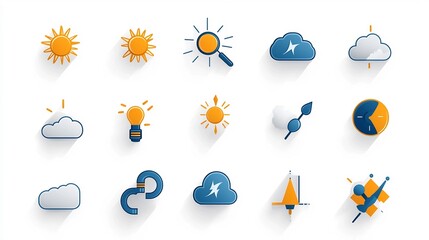 Poster - Simple and Modern Meteorology Icon Set with Symbols of Sunshine Snow Cloud and Fog in Editable Stroke Outline Style Flat Isolated on White Background