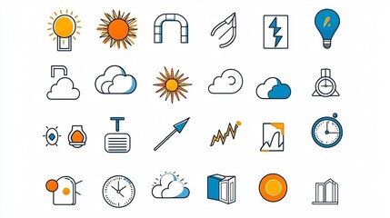Poster - Set of Outline Weather Forecast Icons Including Cloud Storm Sun and Rain Symbols with Editable Stroke on White Background  Flat Graphic for Meteorology Weather Forecast App and User Interface Design