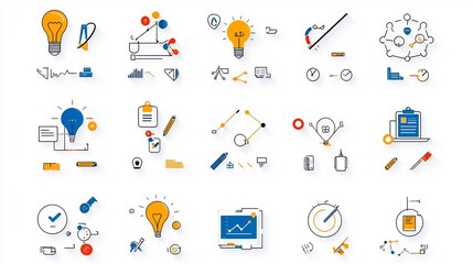 Aufkleber - Comprehensive set of management icons with clean editable stroke outlines  Includes icons for key performance indicators KPI strategic planning workflow processes and more