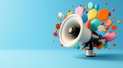 Aufkleber - Striking 3D megaphone icon surrounded by a dynamic burst of vibrant colorful speech bubbles against a solid blue background  Conceptual representing audio communication advertising
