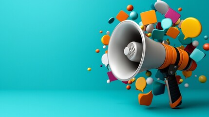 Leinwandbilder - Powerful 3D Megaphone Surrounded by an Explosion of Vibrant Speech Bubbles Against a Modern Teal Background Representing Impactful Messaging and Communication