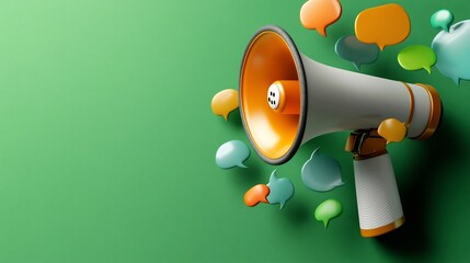 Leinwandbilder - Visually striking 3D rendering of a megaphone surrounded by variously sized speech bubbles in bright vivid colors all floating against a lush green background  This dynamic