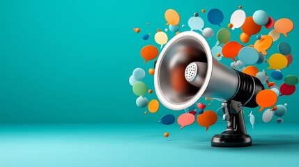 Aufkleber - A dynamic 3D megaphone surrounded by an explosion of vibrant colorful speech bubbles against a solid teal background representing powerful messaging and digital communication