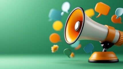 Wall Mural - Vibrant 3D rendering of a single megaphone with variously sized speech bubbles in bright colors floating around on a vivid green background