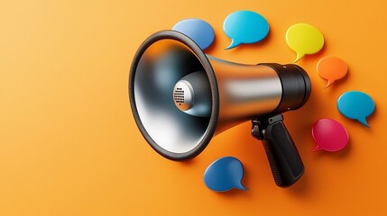 Leinwandbilder - A sleek 3D megaphone encircled by vibrant speech bubbles symbolizing effective communication and the power of digital media to reach and engage audiences