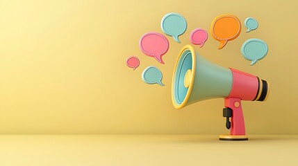 Leinwandbilder - Vibrant megaphone emitting colorful neon speech bubbles against a soft yellow background symbolizing powerful and lively communication expression and promotion
