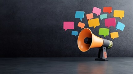Aufkleber - Striking visual metaphor of a bold megaphone emitting a vibrant array of colorful speech bubbles against a dark gray background symbolizing the powerful and impactful messaging and communication