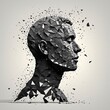 © Drowfear - El rostro humano desintegrándose en fragmentos geométricos una representación visual impactante de la fragilidad y complejidad de la identidad humana.