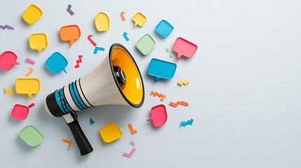 Fototapete - Vibrant Communication Megaphone with Colorful Speech Bubbles on Soft Gray Background Representing Dynamic Idea Sharing Messaging and Promotion