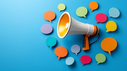 Leinwandbilder - Impactful Digital Messaging Through Vibrant Megaphone and Speech Bubbles on a Deep Blue Background Symbolizing Powerful Communication and Outreach