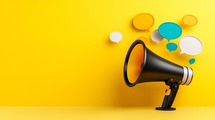 Leinwandbilder - Sleek and modern megaphone design with glowing vibrant colored speech bubbles floating on a solid yellow background showcasing the powerful impact of effective communication and messaging
