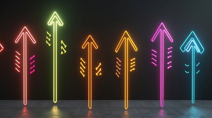 Leinwandbilder - Vibrant dynamic beams of colorful light forming upward pointing arrows against a solid black background creating a bold energetic and futuristic visual effect