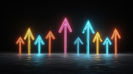 Fototapete - Vivid beams of colored light forming upward pointing arrows creating a dynamic and energetic abstract design on a solid black background with a futuristic technological aesthetic