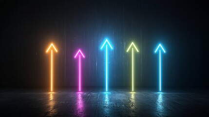 Poster - A series of vibrant beams of light shaped as upward arrows glowing brilliantly on a jet black background conveying a sense of speed precision and technological advancement