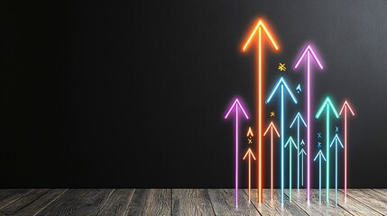 Fototapete - Glowing vibrant light arrows in various bold colors pointing upwards with a sleek streamlined look against a dark moody background  This digital represents innovation progress