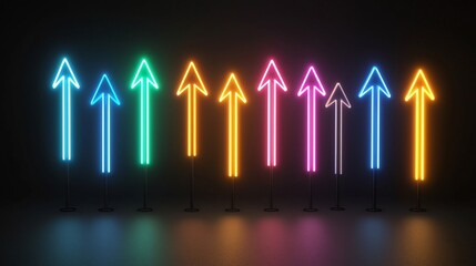 Fototapete - Striking abstract image featuring sharp colorful beams of light arranged in a dynamic upward pointing arrow formation against a solid black background creating a bold