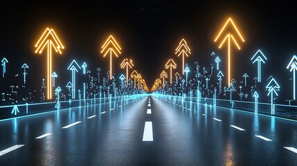 Leinwandbilder - Striking dynamic image of bright glowing arrow shaped light beams directed upwards against a dark minimalist black background creating a sense of speed energy and elegant futuristic design