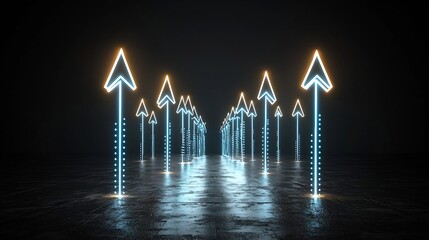 Leinwandbilder - Striking image of bright glowing beams of light forming arrow shapes directed upwards creating a sense of speed energy and elegant movement on a dark minimalist background