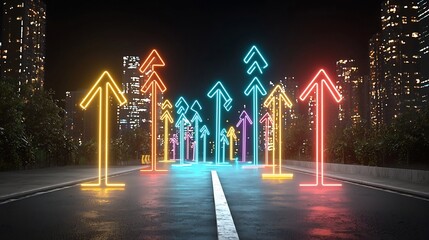 Leinwandbilder - A dynamic and visually striking display of colorful light beams forming upwards pointing arrows against a sleek modern dark background  This digital graphic design has a futuristic