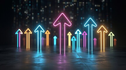 Aufkleber - Striking display of colorful light beams in the form of dynamic arrows pointing upward against a modern streamlined dark background creating an impactful and futuristic visual concept