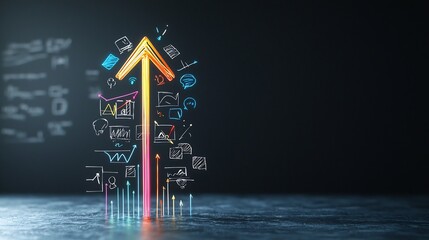 Leinwandbilder - Vibrant Colorful Beams of Light Forming a Dynamic Upward Moving Arrow Symbol Against a Deep Dark Background   Representing Technological Advancement Progress and Ambition