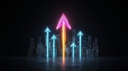 Fototapete - A luminous streamlined arrow made of vibrant prismatic beams of light directing upwards with a fast dynamic energy against a dark abstract background