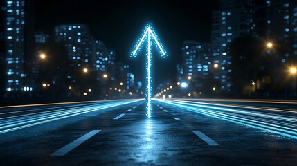 Leinwandbilder - A striking digital depicting a bright beaming upward pointing arrow radiating a powerful sense of speed energy and momentum against a deep black backdrop creating a futuristic