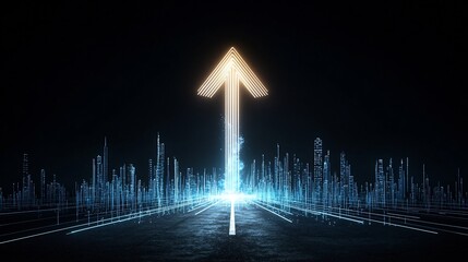 Leinwandbilder - Bright sharp radiating beams creating an upward pointing arrow shape against a deep dark background exuding a sense of speed power and dynamic energy