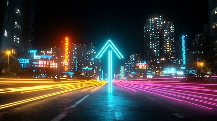 Leinwandbilder - Dynamic and vibrant upward pointing arrow created by colorful glowing beams against a dark background suggesting rapid movement energy and a sense of progress or growth