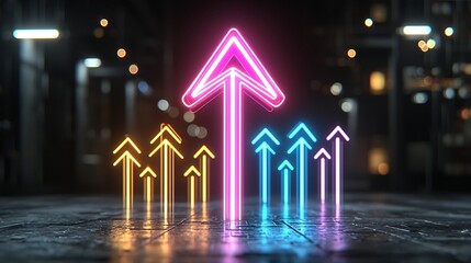 Leinwandbilder - Vibrant glowing neon arrow beams in dynamic motion pointing upward on a sleek black background  Futuristic high tech and contemporary digital