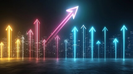 Leinwandbilder - Vibrant neon arrow created by glowing beams moving rapidly and pointing upward on a dark black background conveying a sense of speed energy and futuristic dynamism