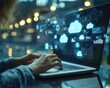 © Itsaree  - A person working on a laptop, cloud storage icons and file pages appearing in the background, representing seamless data transfer between devices, Generative AI