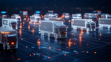 Fototapete - Futuristic digital trucks illuminated by a glowing grid network showcase the transformative power of generative in revolutionizing international trade and logistics on a dark blue background