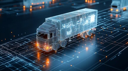 Fototapete - Digital art showcasing glowing cargo trucks transporting freight across an illuminated international logistics network grid