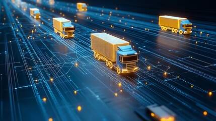 Poster - Glowing autonomous trucks navigating a nighttime digital connectivity landscape representing the global flow of goods data and commerce in a modern automated logistics network