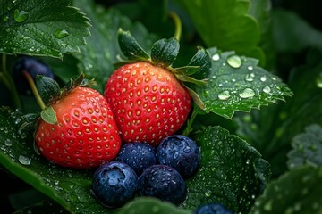 Wall Mural - Fresh strawberries and blueberries sit on green leaves. Rain droplets enhance their vibrant colors. This image captures the essence of fresh fruit. Generative AI