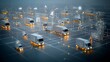 © NKCoolper - Abstract scene depicting illuminated trucks driving along a futuristic network grid representing the power of generative in revolutionizing global logistics and transportation