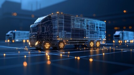 Fototapete - Digitally rendered glowing trucks on a dark blue network background showcasing how generative is shaping the future of logistics transportation and global trade