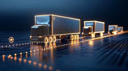 Aufkleber - Abstract digital art depicting semi trailer trucks made of glowing points delivering goods internationally over a dark blue network grid powered by generative technology