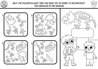 Dinosaur black and white matching and logical activity. Assemble the dino bones puzzle. Match the parts and whole object printable worksheet. Paleontology museum game, coloring page