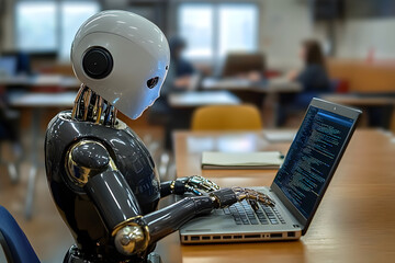 Wall Mural - humanoid robot using laptop at desk in classroom, robot, classroom, ai, artificial, teacher, intelli