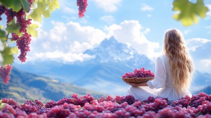 Wall Mural - Serene woman surrounded by grapes in a picturesque landscape