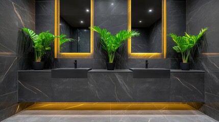 Poster - Stylish modern bathroom design with dual sinks and a vibrant green plant, creating fresh inviting atmosphere